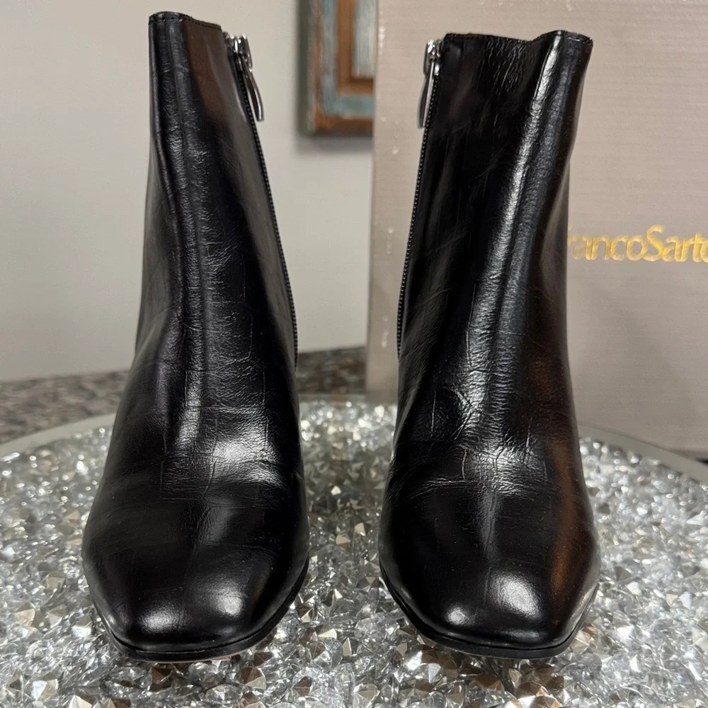 Franco Sarto Black Croc-Textured Leather Block Heel Ankle Boots NEW 8